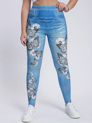 Butterflies & Denim Print Leggings High Waist Skinny Casual Pants