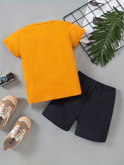 Boys Off-road Vehicle Print Outfit Round Neck T-shirt & Shorts