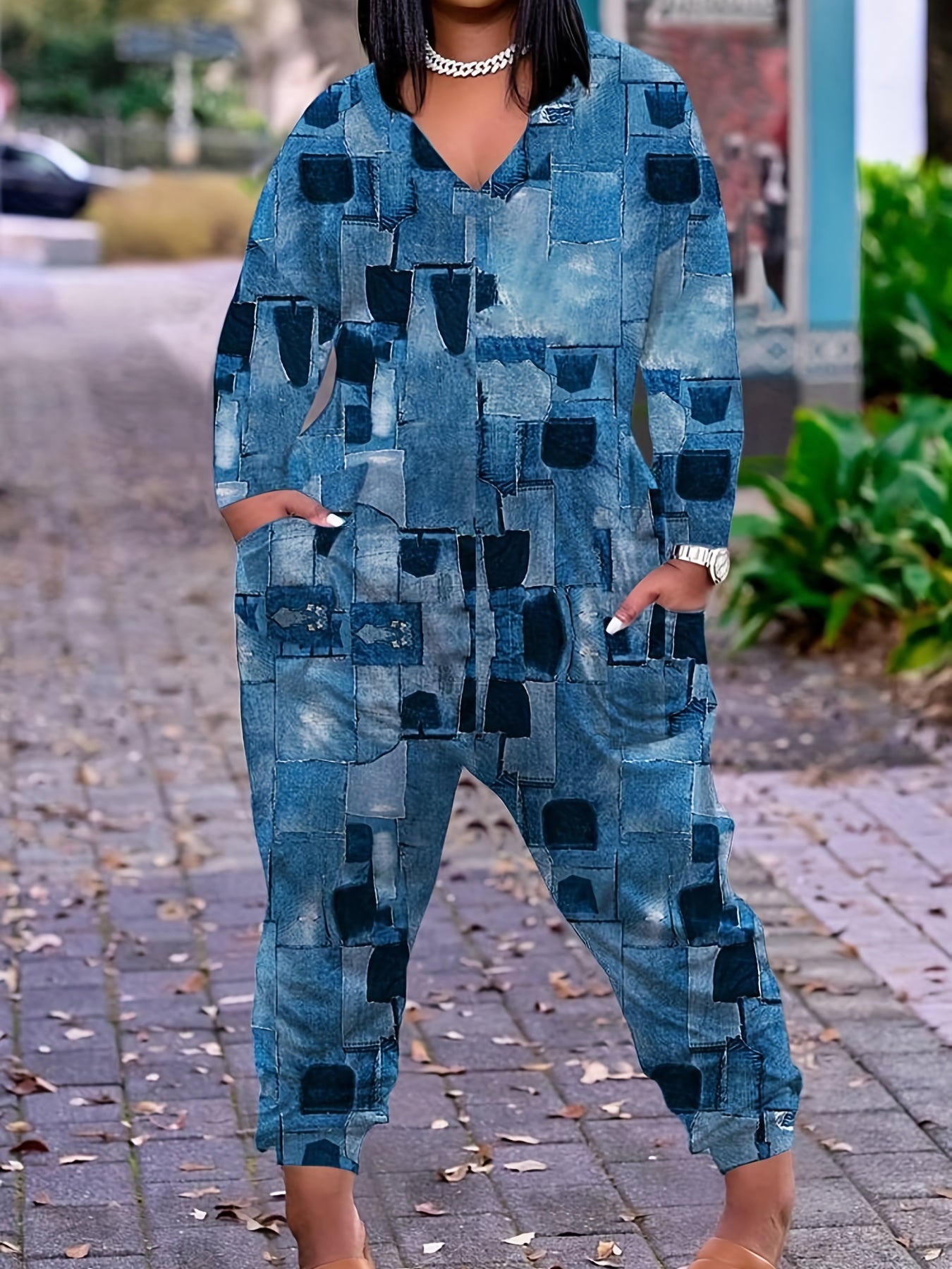 Denim Print Long Sleeve V-Neck Jumpsuit