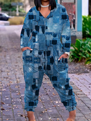 Denim Print Long Sleeve V-Neck Jumpsuit