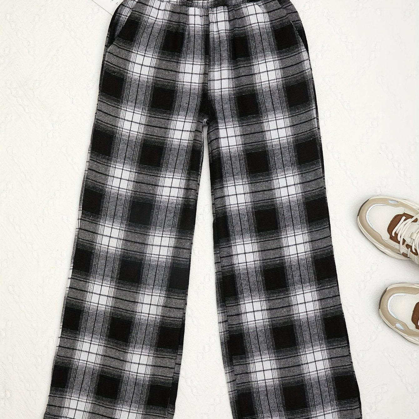 Girls' Plaid Wide Leg Trousers Loose Fit Street Style Kids Teens Outfit