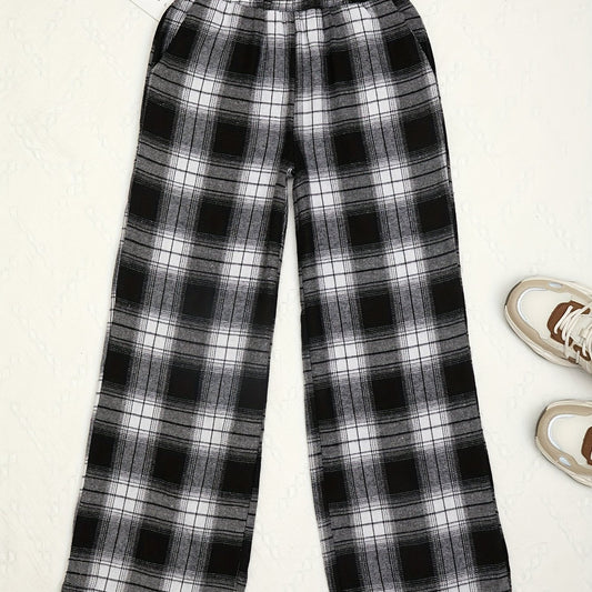 Girls' Plaid Wide Leg Trousers Loose Fit Street Style Kids Teens Outfit