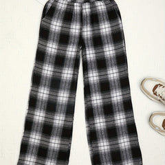 Girls' Plaid Wide Leg Trousers Loose Fit Street Style Kids Teens Outfit