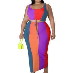 Colorblock Ribbed Tank Top & Skirt Set Women's Plus Medium Stretch 2pc