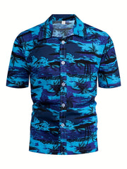 Men's Leaf Print Beach Shirt - Casual Short Sleeves for Summer