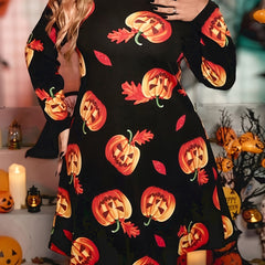 Plus Size Pumpkin & Leaf Print Long Sleeve Dress