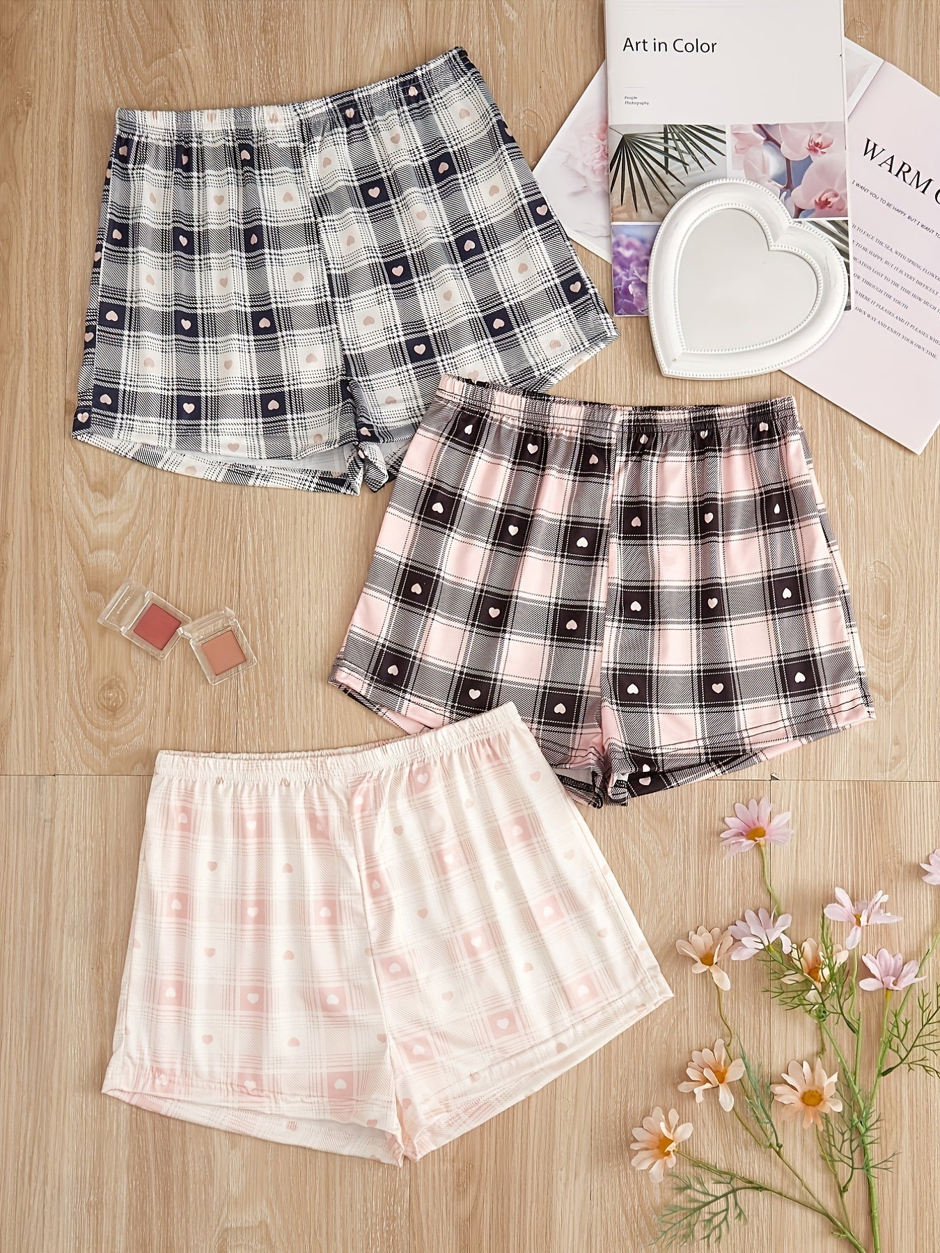 Heart Print Sleep Bottoms Plaid Elastic Waistband Shorts