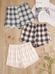 Heart Print Sleep Bottoms Plaid Elastic Waistband Shorts