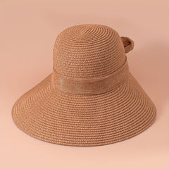 Khaki Ribbon Bowknot Sun Hat Classic Wide Brim UV Protection Straw Hats