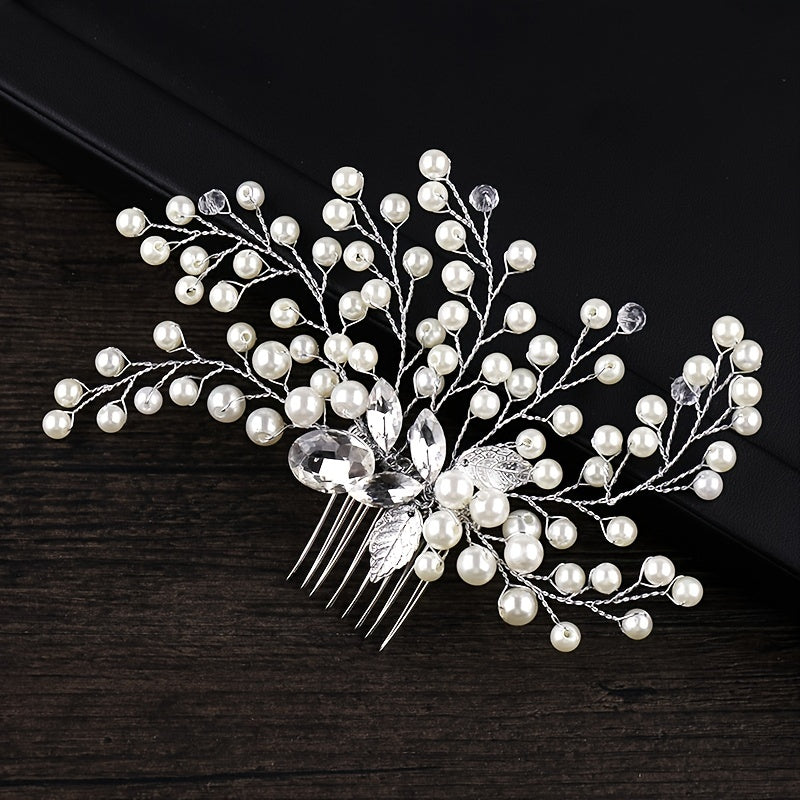 Silver Faux Pearl Crystal Wedding Hair Comb Headband for Bride