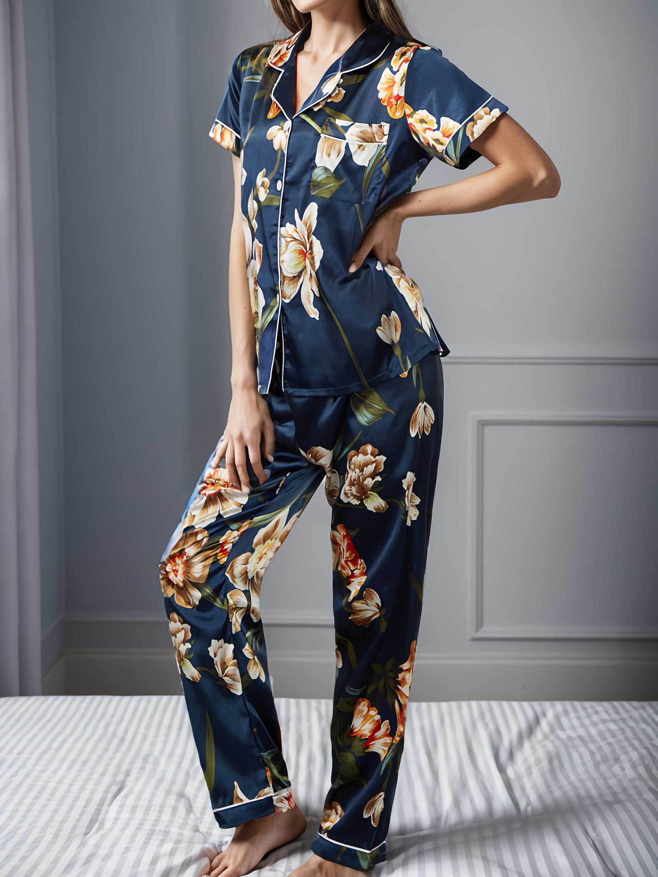 Floral Print Pajama Set Short Sleeve Buttons Top & Elastic Waistband Pants
