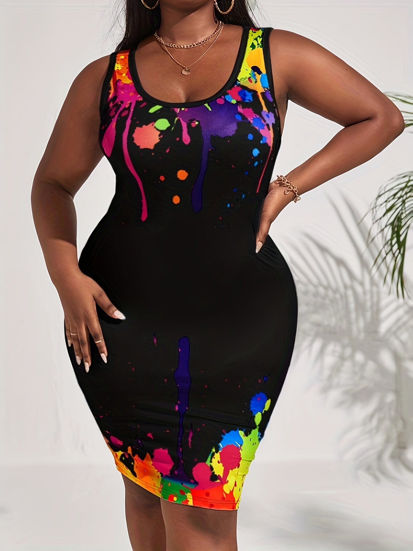 Women's Plus Splash Print Round Neck Medium Stretch Slim Fit Tank Dress