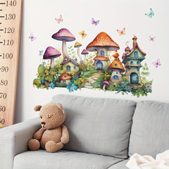 2pcs Mushroom Wall Decal Green Leaves Butterflies Flowers Mushroom House