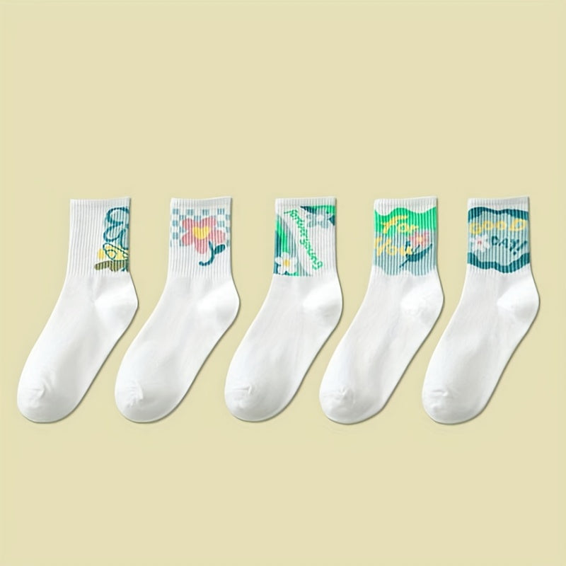 5 Pairs Floral Print Socks Breathable Mid Tube Stockings
