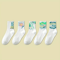 5 Pairs Floral Print Socks Breathable Mid Tube Stockings