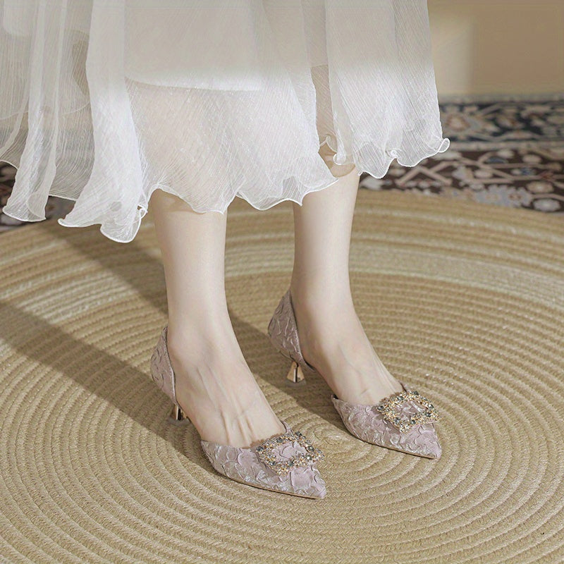Rhinestone Square Decor Kitten Heels Point Toe Pumps