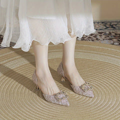 Rhinestone Square Decor Kitten Heels Point Toe Pumps