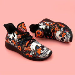 Women's Skull & Flowers Print Sneakers Lace Up Outdoor Shoes