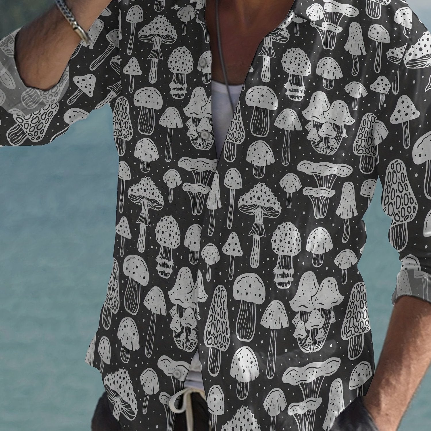 Men's Mushroom Print Button Up Shirt Long Sleeve Casual Outdoor