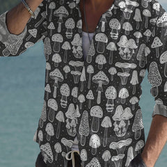 Men's Mushroom Print Button Up Shirt Long Sleeve Casual Outdoor