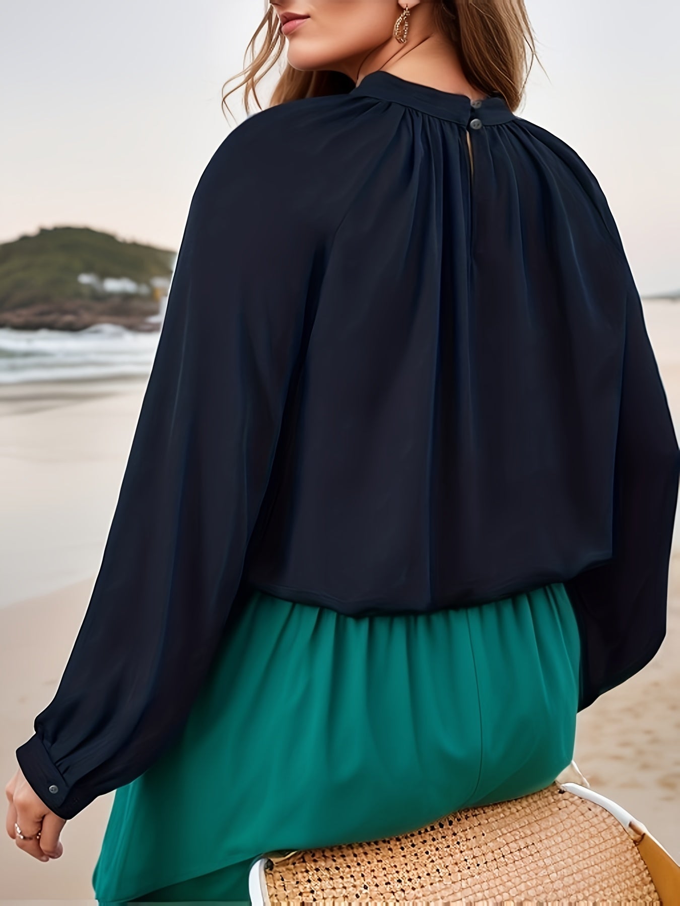 Casual Blouse Solid Long Sleeve Ruched Stretch Top