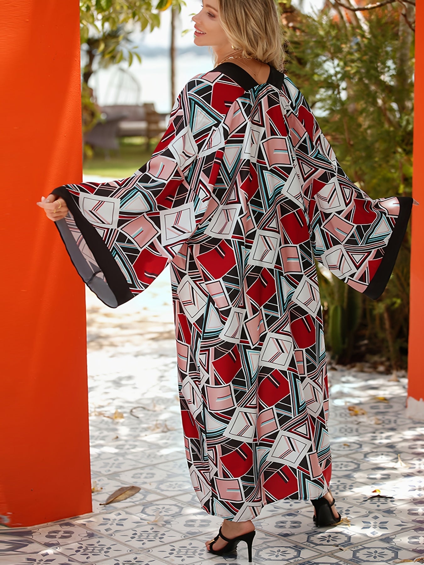 Boho Kimono Women's Plus Geo Print Contrast Trim Long Sleeve