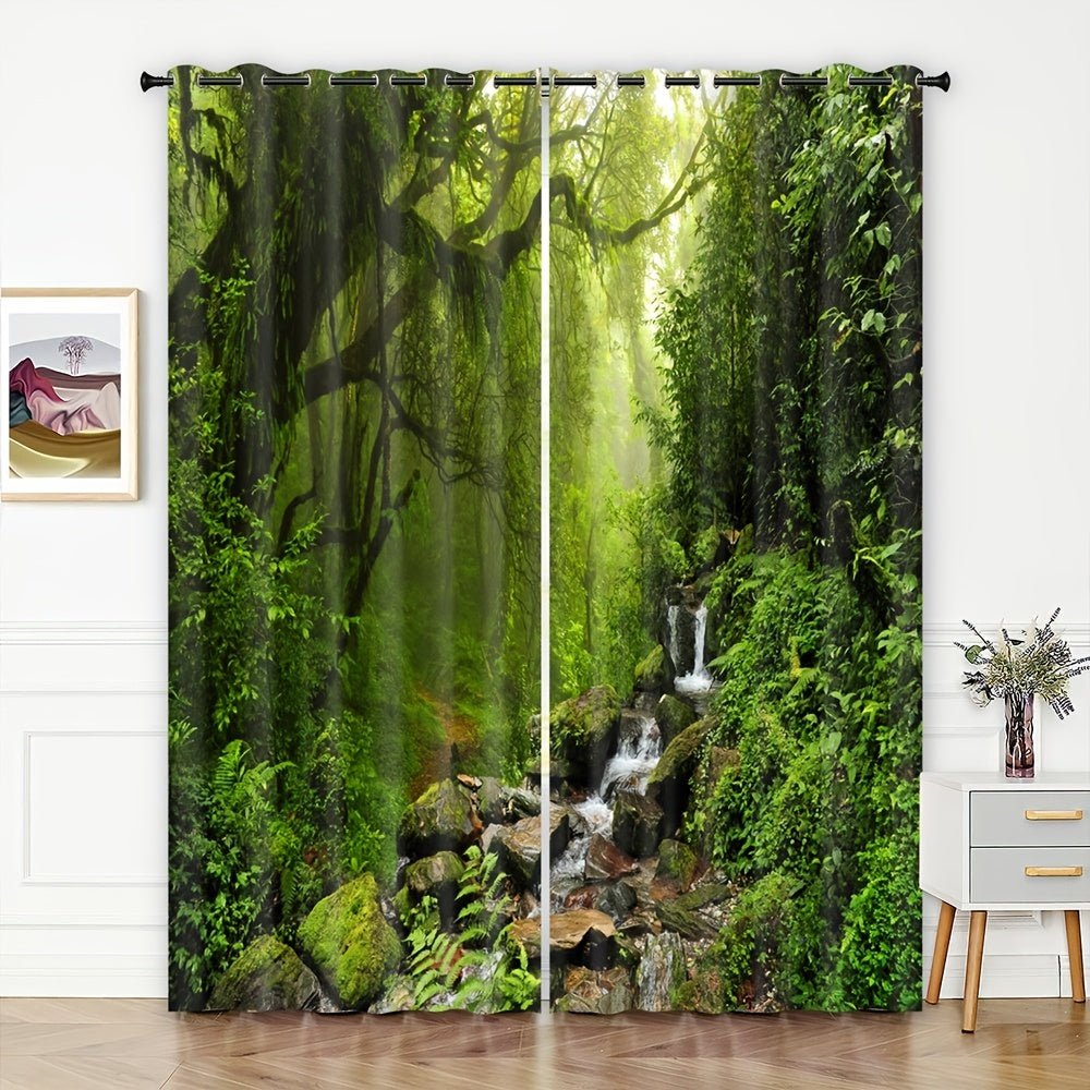 2pcs Forest Stream Printed Window Curtain