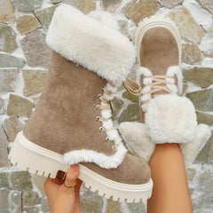 Women's Brown Chunky Heel Boots Lace-Up Plush Outdoor Boots