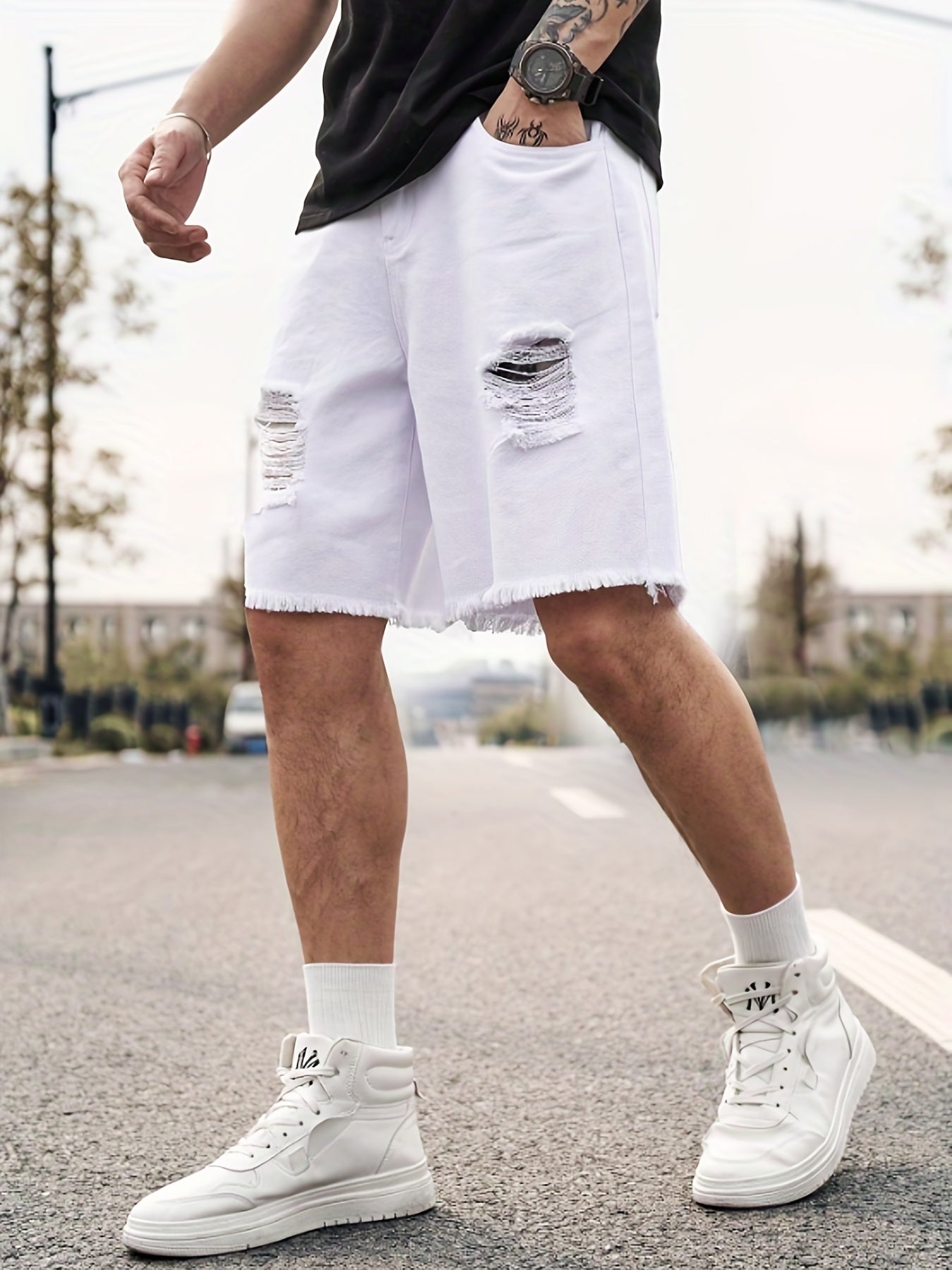 Men's Ripped Denim Shorts Casual Loose Fit Street Style Denim Cotton Shorts