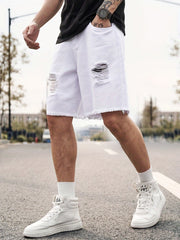 Men's Ripped Denim Shorts Casual Loose Fit Street Style Denim Cotton Shorts