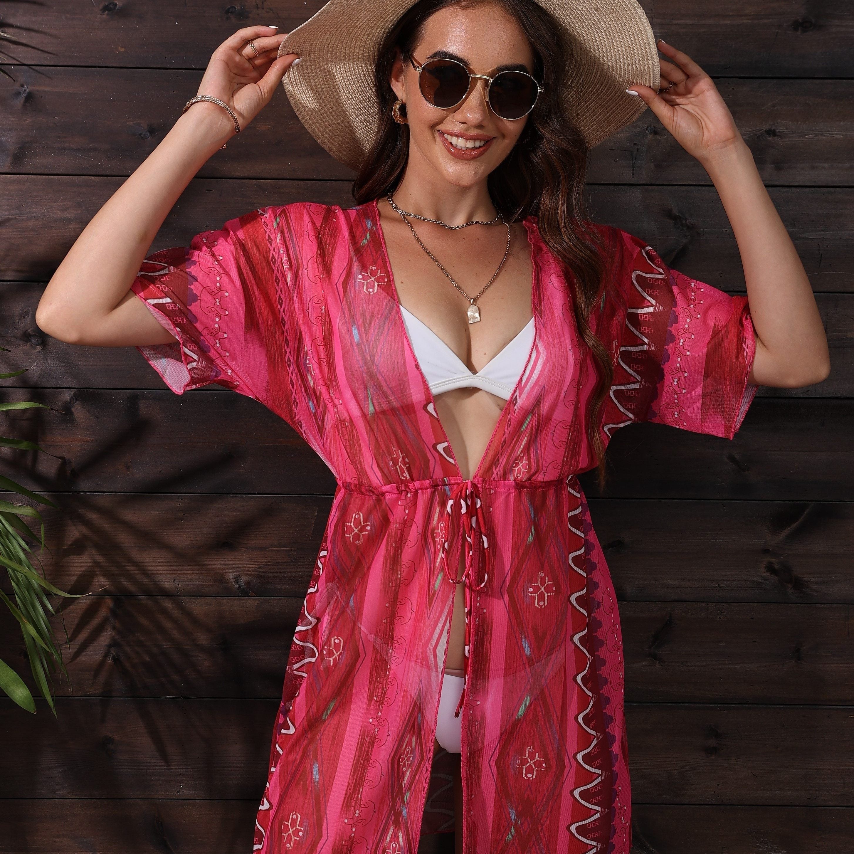 Boho Tie Belt Kimono Cover Up Dress V Neck High Stretch Beach Kaftan