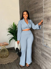 Solid Lapel Collar Crop Blazer & Wide Leg Pants Suit Set
