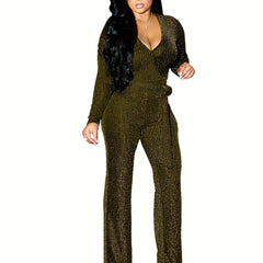 V Neck Tie Waist Jumpsuit Long Sleeve Women's Clothing