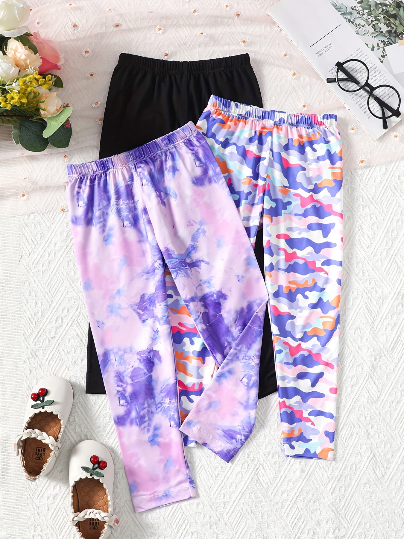 3pcs Girls Skinny Legging Pants in Camouflage, Solid Khaki and Other Colors