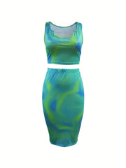 Sexy Tie Dye Two Piece Skirt Set Crop Tank Top & Bodycon Skirt Outfits