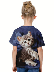 3D Cat Graphic Short Sleeve T-shirt Breathable Pullover Tops