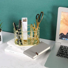 Golden Metal Pencil Holder 3 Compartment Desk Organizer