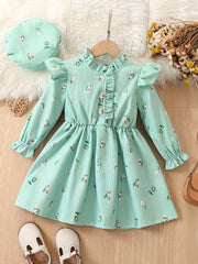 Girls Ruffle Collar Floral Dress And Hat Set