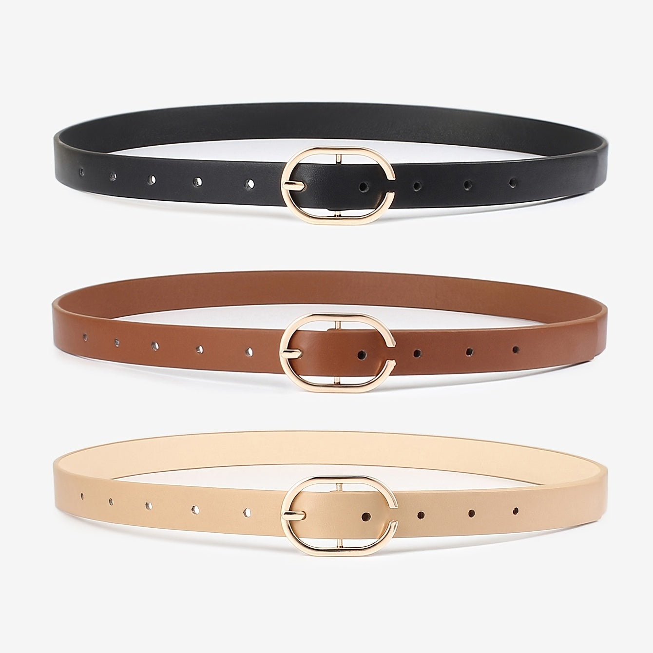 3pcs Oval Buckle Belt Classic PU Leather Solid Belt Retro Pants Decoration