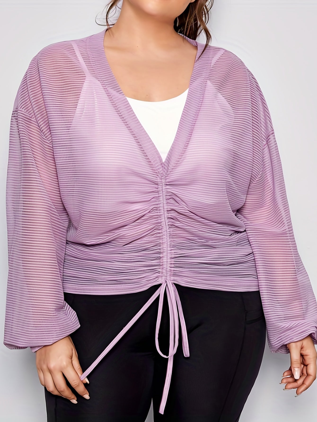 Striped V Neck Drawstring Knot Ruched Top & Crop Cami Set