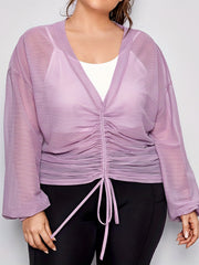 Striped V Neck Drawstring Knot Ruched Top & Crop Cami Set