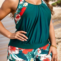 Colorblock Tropical Print Tankini Set