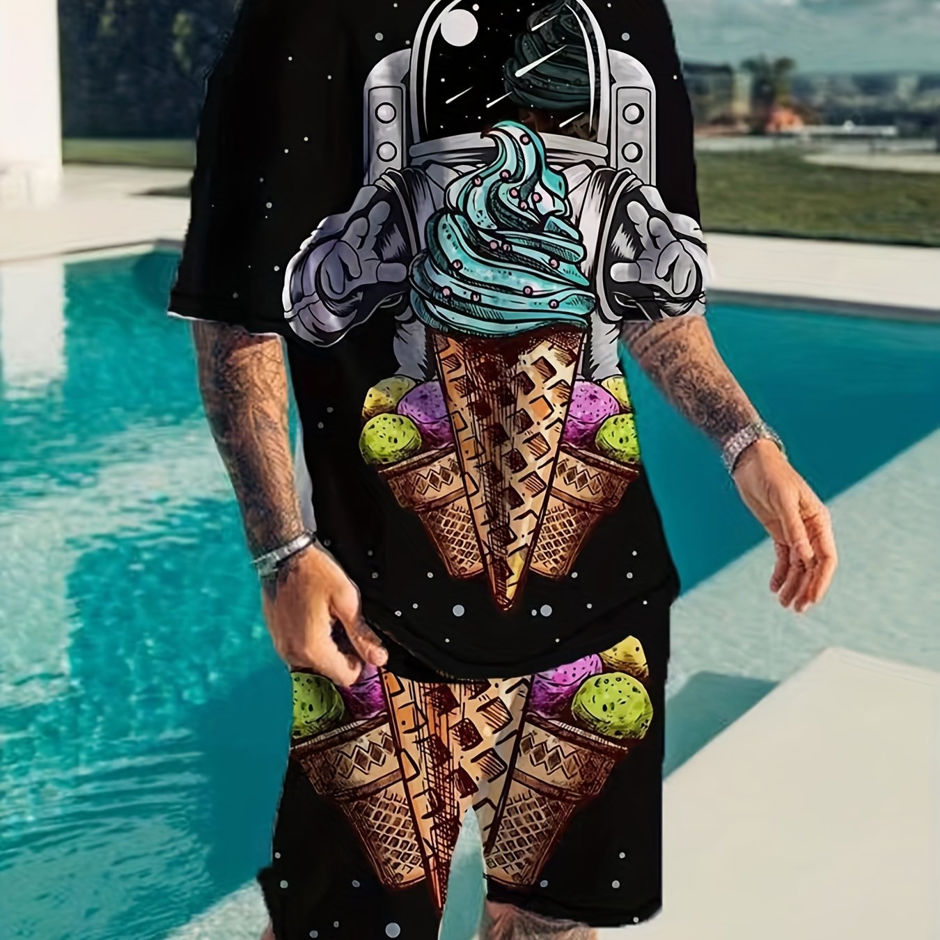 Men's Astronaut & Ice Cream Graphic T-shirt & Shorts Set