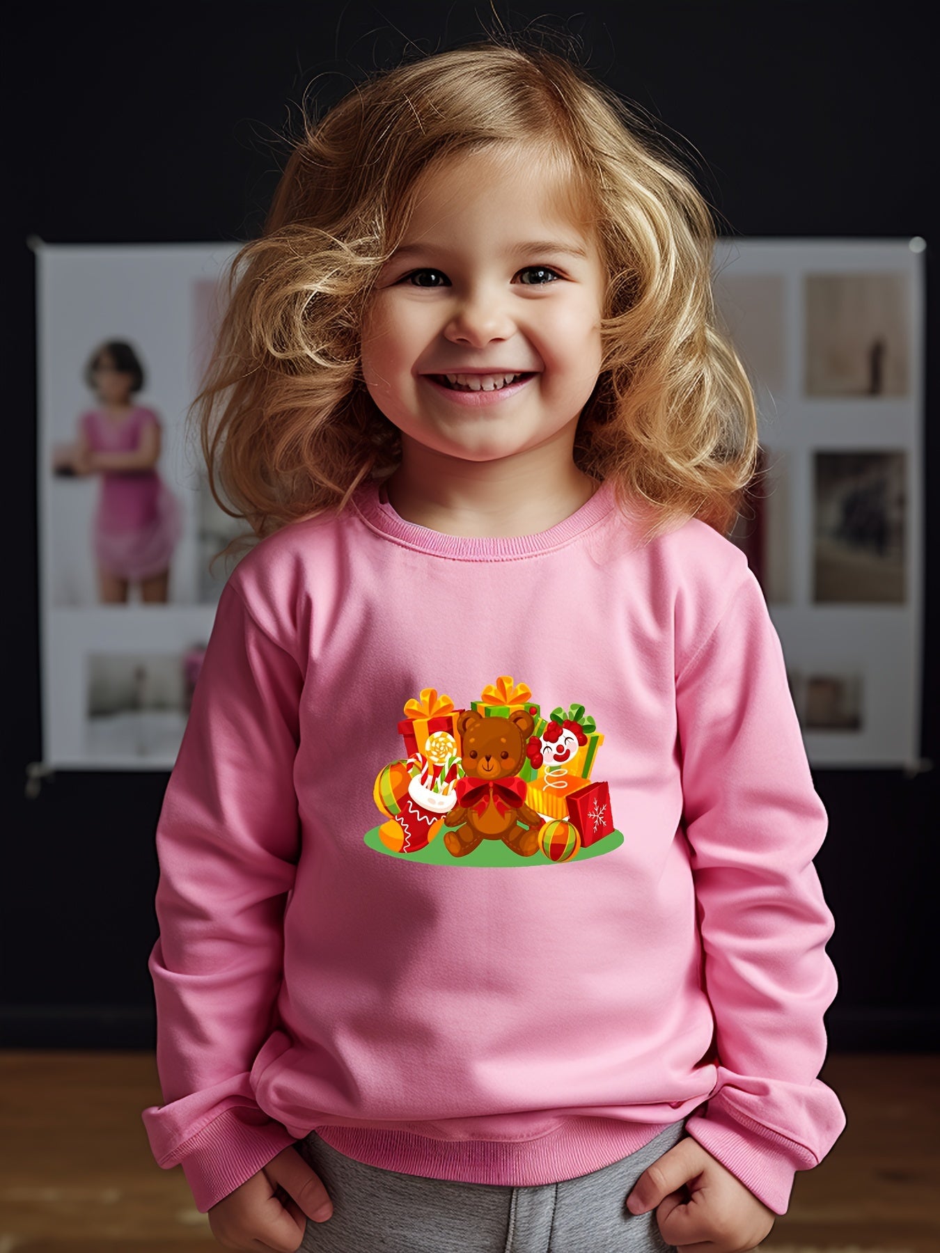Cartoon Christmas Bear Graphic Crew Neck Long Sleeve Sweatshirt