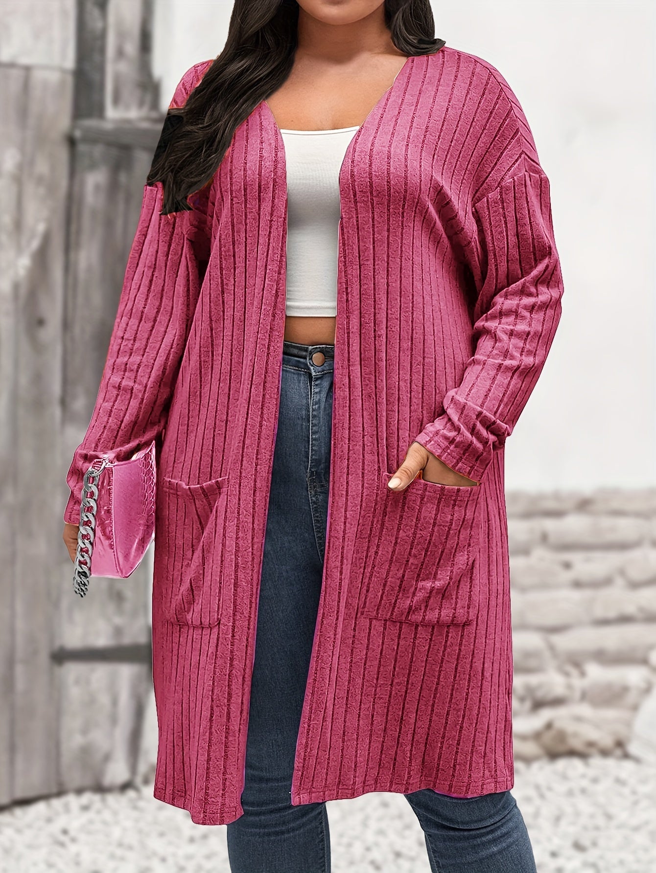 Solid Ribbed Long Sleeve Open Front Knit Cardigan