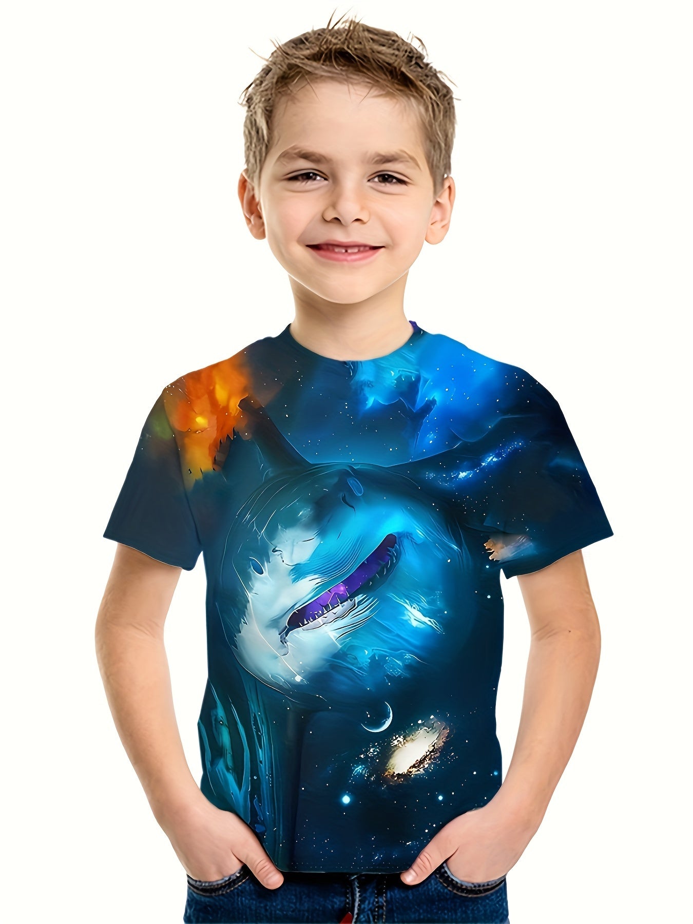 Colorful Wolf Print Kid's T shirt Casual Short Sleeve Top For Summer