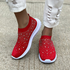 Women's Rhinestone Sock Shoes Low Top Slip On Flat Casual Walking Shoes