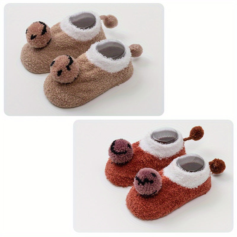 2 Pairs Baby Girls Fleece Warm Socks Cartoon Pattern Anti-Skid Toddlers Socks