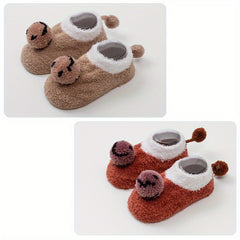 2 Pairs Baby Girls Fleece Warm Socks Cartoon Pattern Anti-Skid Toddlers Socks