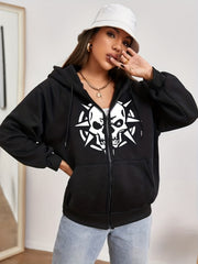 Skull Print Zip Up Hoodie Sweatshirt Coat